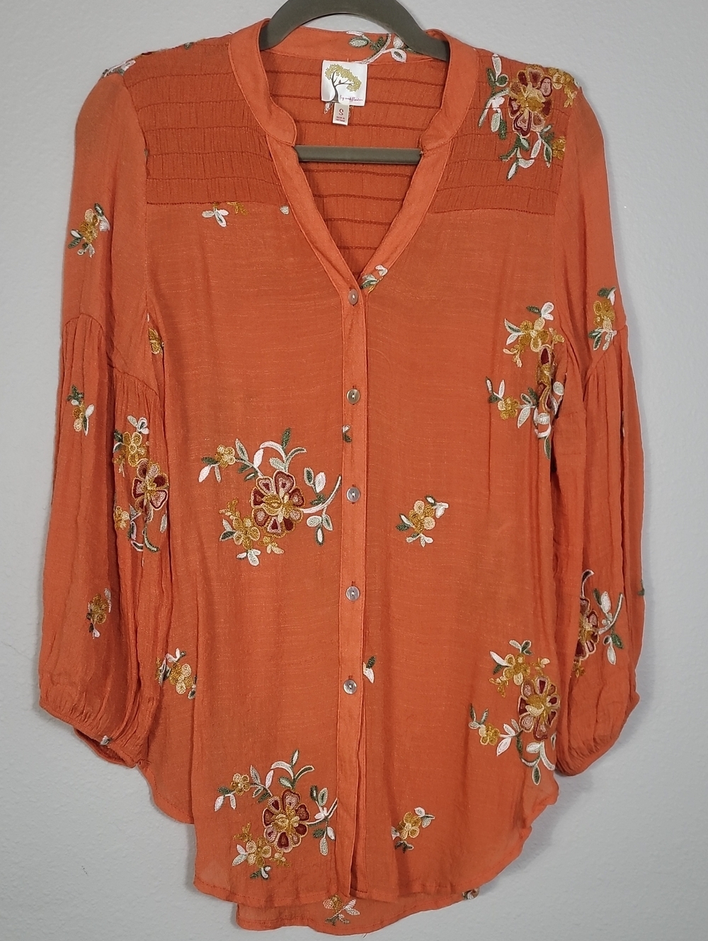 Fig & Flower Embroidered Button Up Top Size Small Orange Boho Peasant